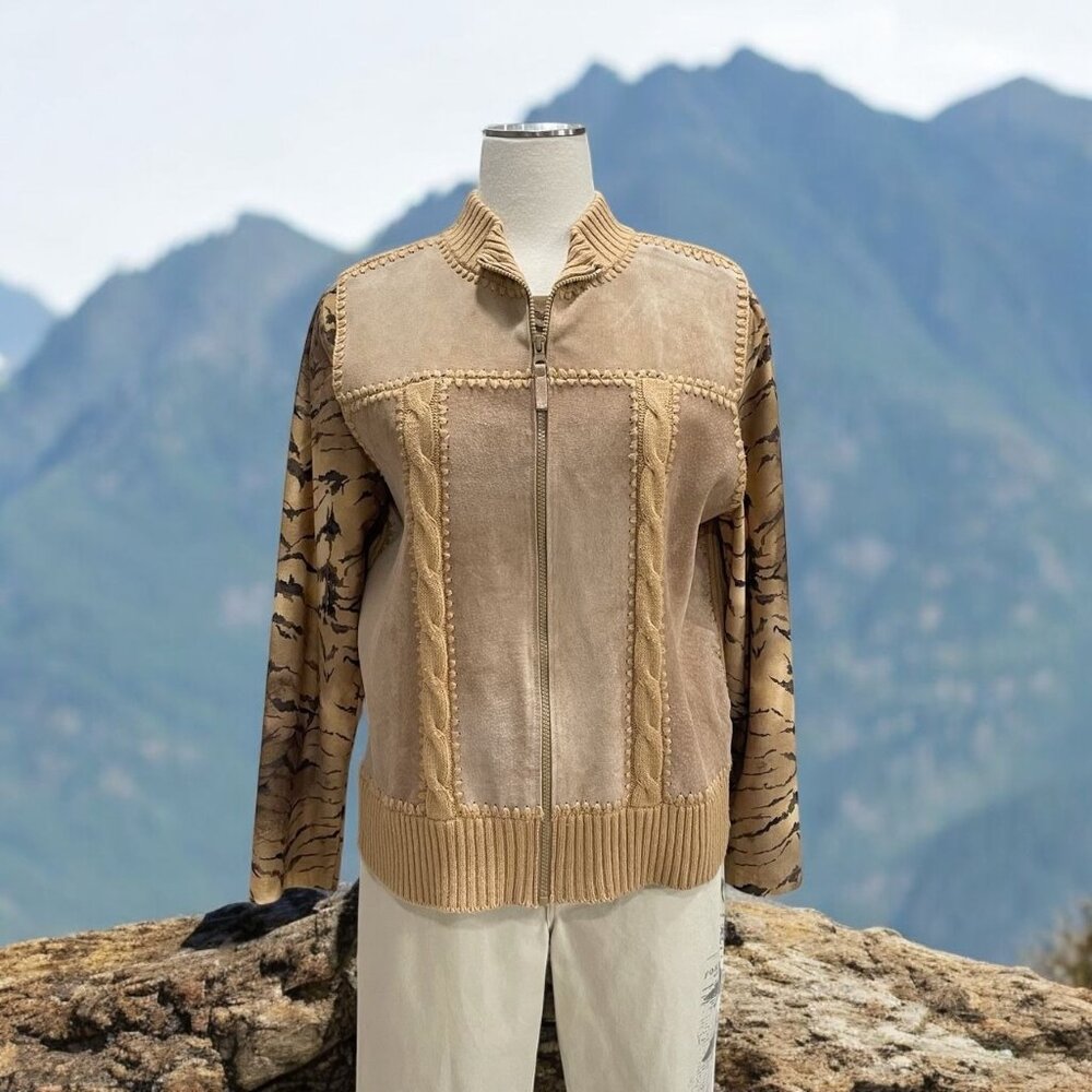 Designers‎ Studio Suede & Knit Jacket L Ramie Acrylic Womens Beige